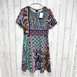 Beige ECI Dress Women Size 4 Multicolor Mixed Media Short Sleeve Fit Flare Mini